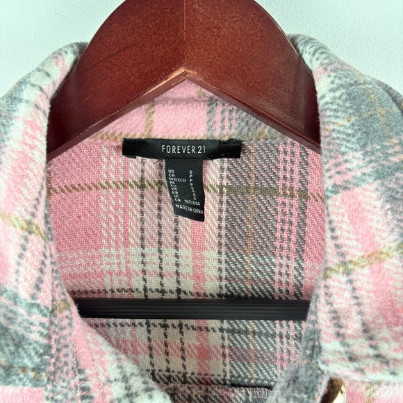 Forever 21 Women Pink Gray Plaid Plaid Pearl Button Shacket Shirt Jacket Small - Picture 4 of 5
